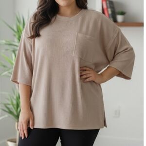 Soft Ribbed Oversized Tunic Women's 1X Beige Drop Sleeve Comfy & Stretchy